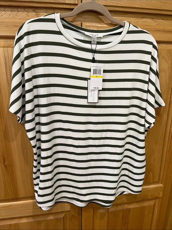 Cable & Gauge Tops - Cable & Gauge White Tee with Dark Green/Gray Stripes